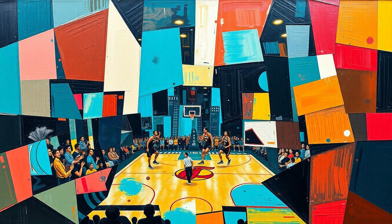 A cubist-style painting featuring sharp, overlapping geometric shapes in vibrant colors, representing the action and energy of a basketball game between two teams.