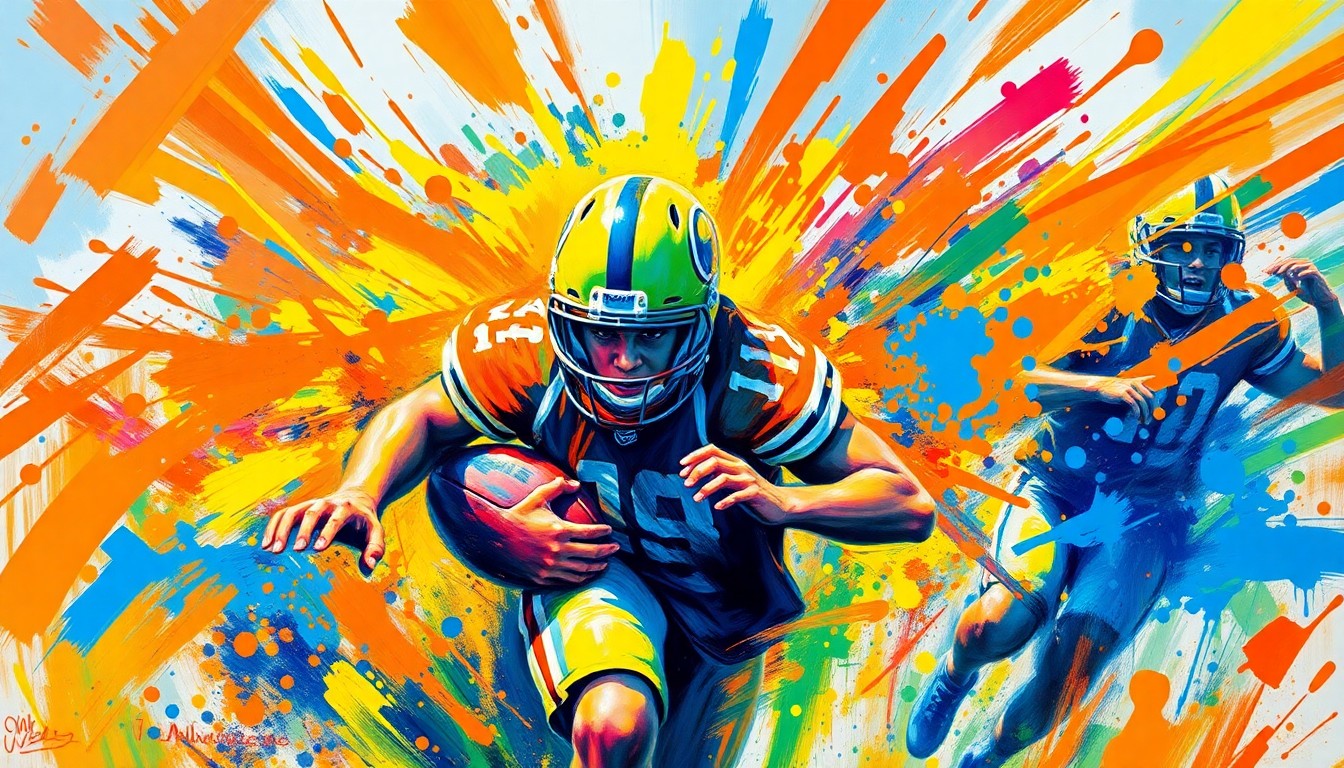 An abstract, energetic painting in vibrant neon colors, capturing the raw athleticism and youthful exuberance of a youth football camp with dynamic brushstrokes and a central figure in motion, their features obscured.