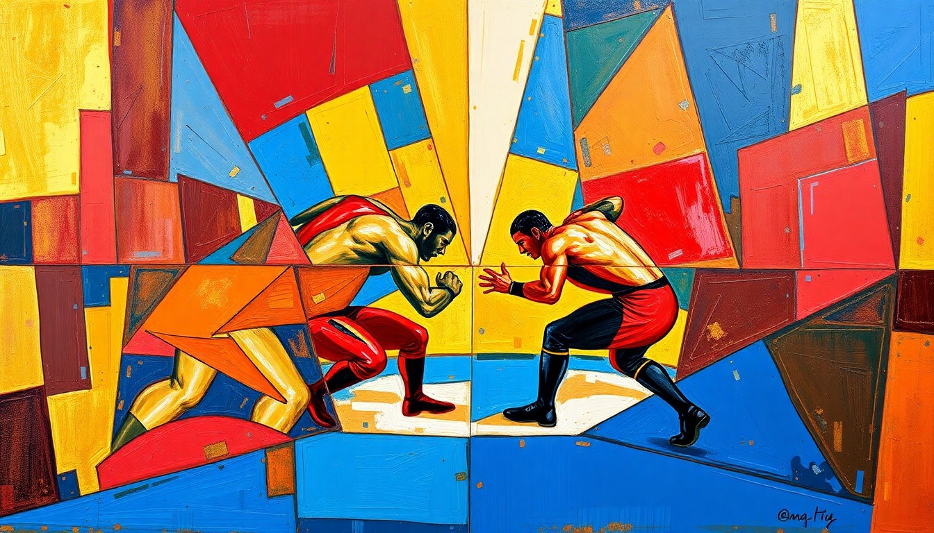 A fractured, multi-perspective painting featuring sharp, overlapping geometric planes in vibrant colors like royal blue, crimson red, and metallic gold, conceptually representing the high-stakes action of a professional wrestling match.