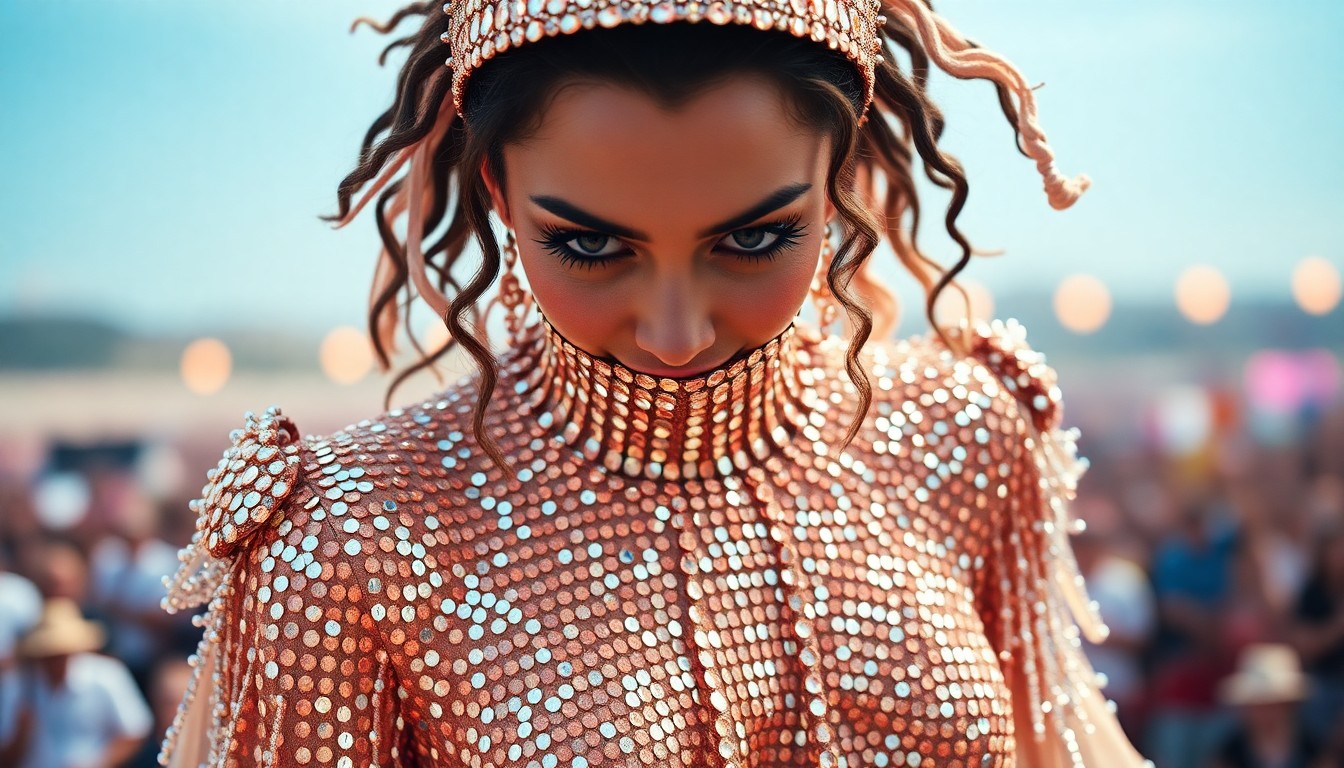 An extreme close-up photograph of a glittering, sequined fabric texture in vibrant colors, conceptually representing the celebratory mood of Karol G's historic Coachella performance.