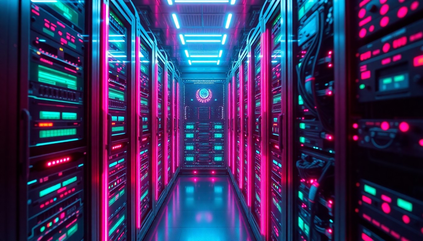 A highly detailed, glowing 3D illustration of a futuristic AI server rack, with neon cyan and magenta lights illuminating the intricate hardware components, conceptually representing the power and complexity of AI infrastructure on a university campus.
