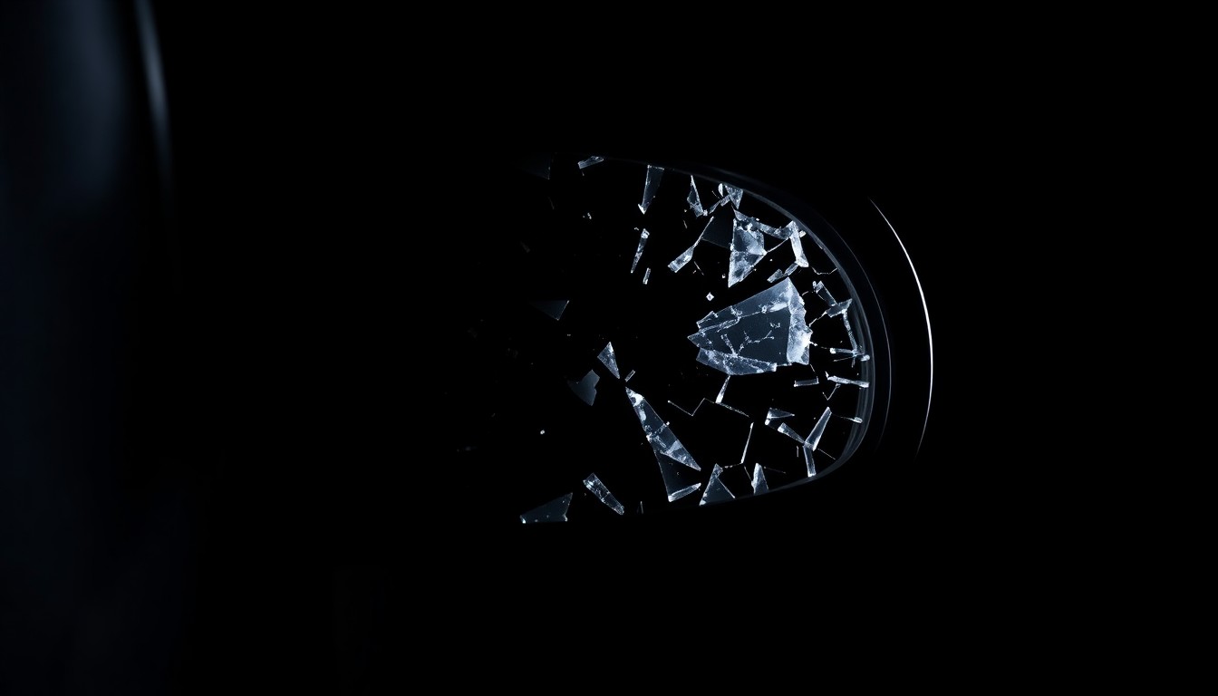 An extreme close-up of a shattered car side mirror reflecting a faint red light, conceptually illustrating the aftermath of a dangerous wrong-way driving incident.