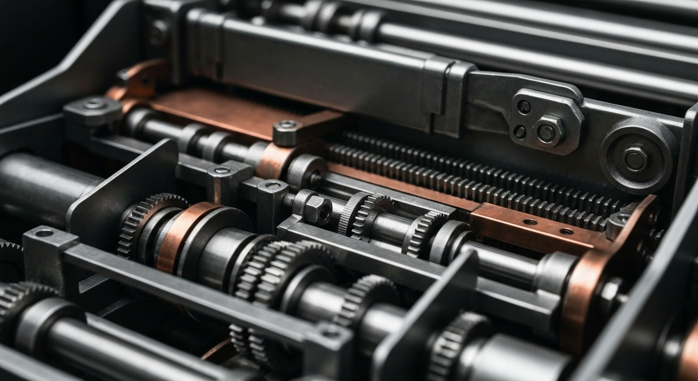 An extreme close-up of the intricate mechanical components of a tax filing machine, conveying the heavy, industrial nature of the tax preparation process.