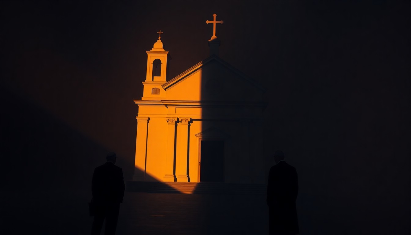 A serene, cinematic painting of a Catholic church in a warm, urban setting, with a faint outline of two figures meeting in the foreground, conveying a sense of quiet contemplation and political intrigue.