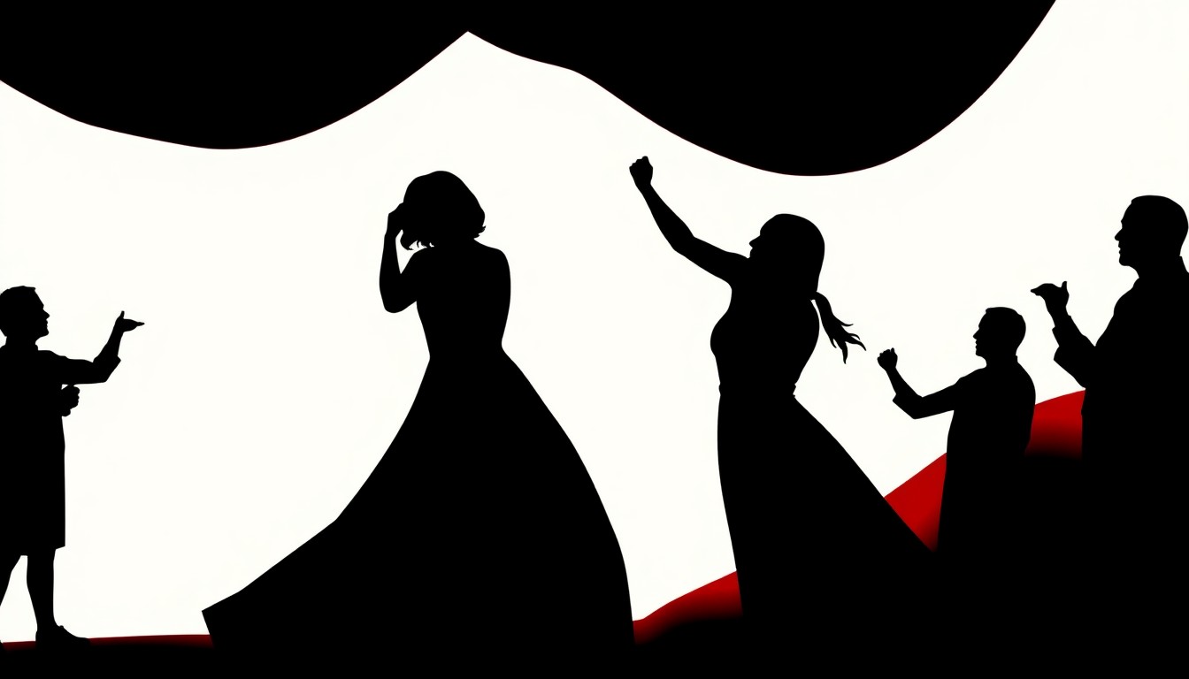 An abstract, minimalist illustration featuring dramatic black silhouettes and bold splashes of red and white, conceptually representing the emotional intensity of opera performance.