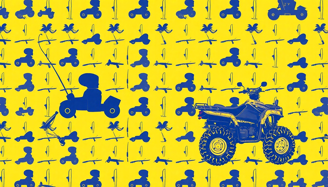 A vibrant, pop art-inspired grid of silkscreened icons representing outdoor recreation equipment like a fishing rod, ATV, and binoculars, conceptually illustrating the diverse duties of Minnesota conservation officers.