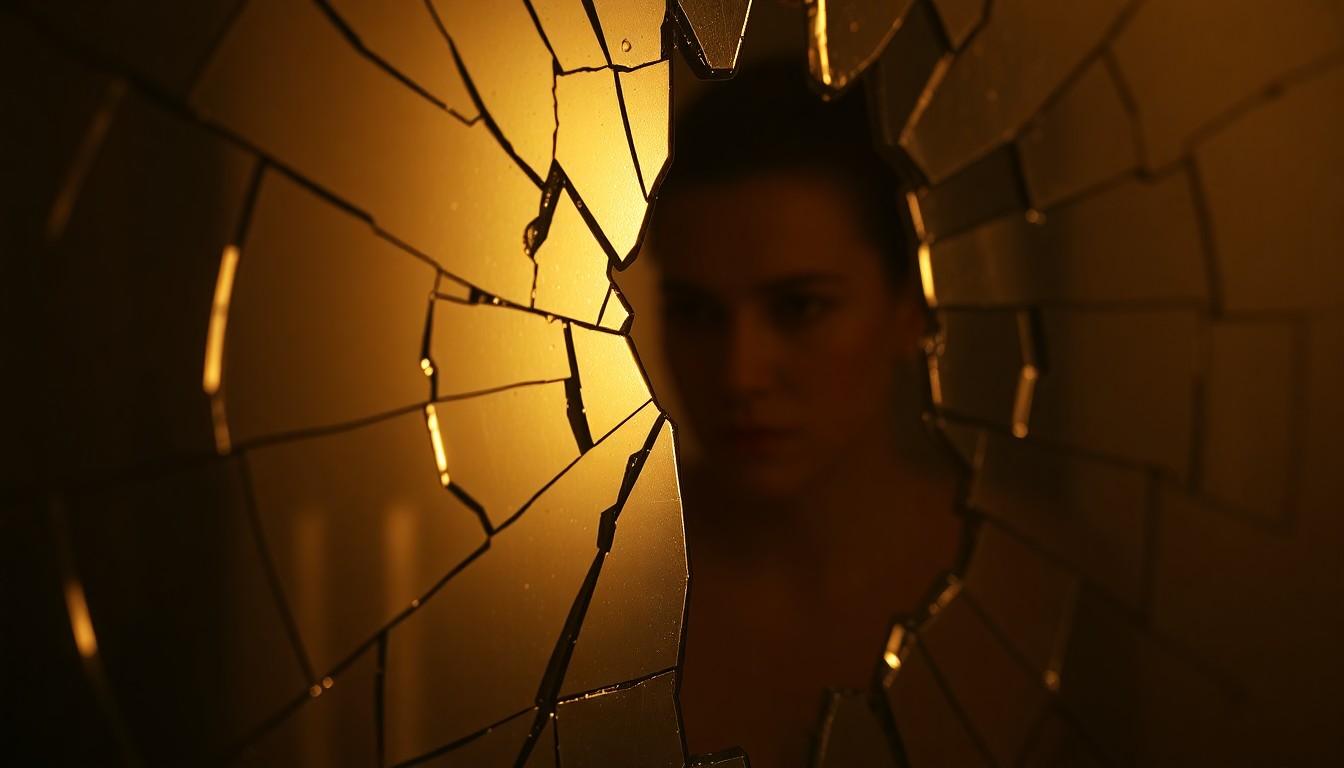 An abstract close-up photograph of a shattered mirror reflecting a soft, glowing light, conveying a sense of fragility and loss.