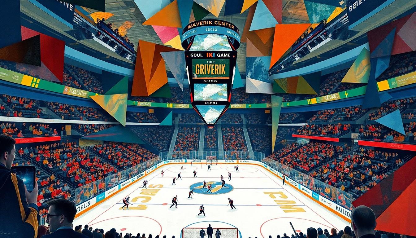 An abstract, cubist-style painting depicting a hockey game at the Maverik Center, with the players, fans, and arena architecture broken down into sharp, overlapping geometric shapes and planes of color, capturing the raw emotion and energy of the final Grizzlies game.