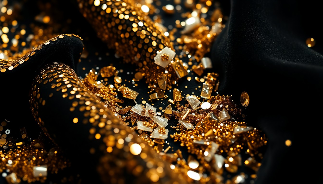An extreme close-up photograph of shimmering, high-contrast textures like sequins and shattered glass, conceptually representing the glamour and celebrity culture of the sports media industry.