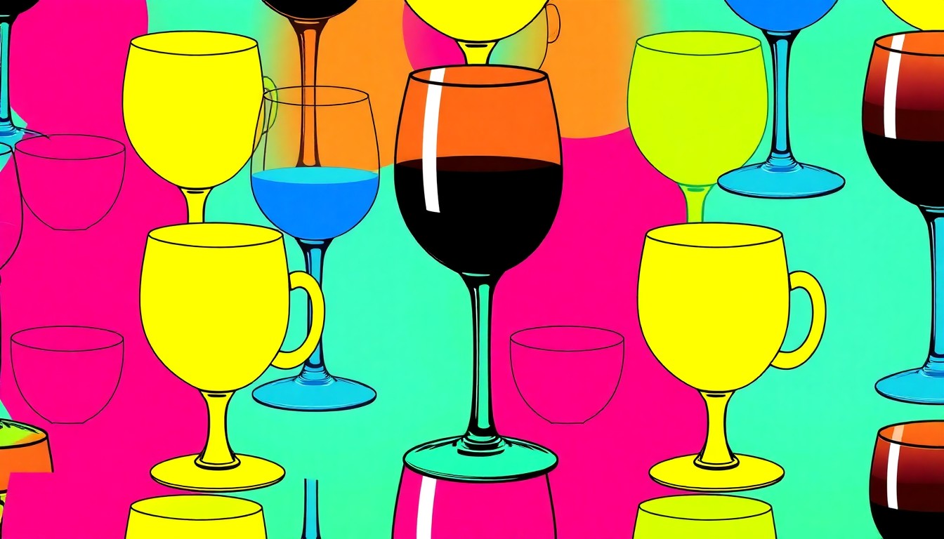 A high-contrast silkscreen print in vibrant shades of red, blue, and yellow, depicting a repeating grid pattern of a single, iconic dining item such as a wine glass or coffee cup, capturing the playful and refined spirit of the new Greenpoint restaurant Arthur.