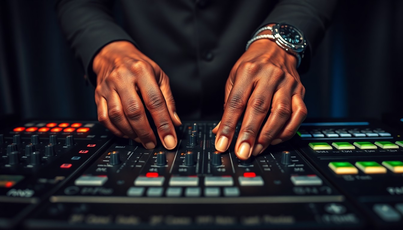 An abstract close-up photograph of a DJ's hands on a mixing console, the textures of the equipment and skin creating a high-contrast, high-fashion aesthetic.