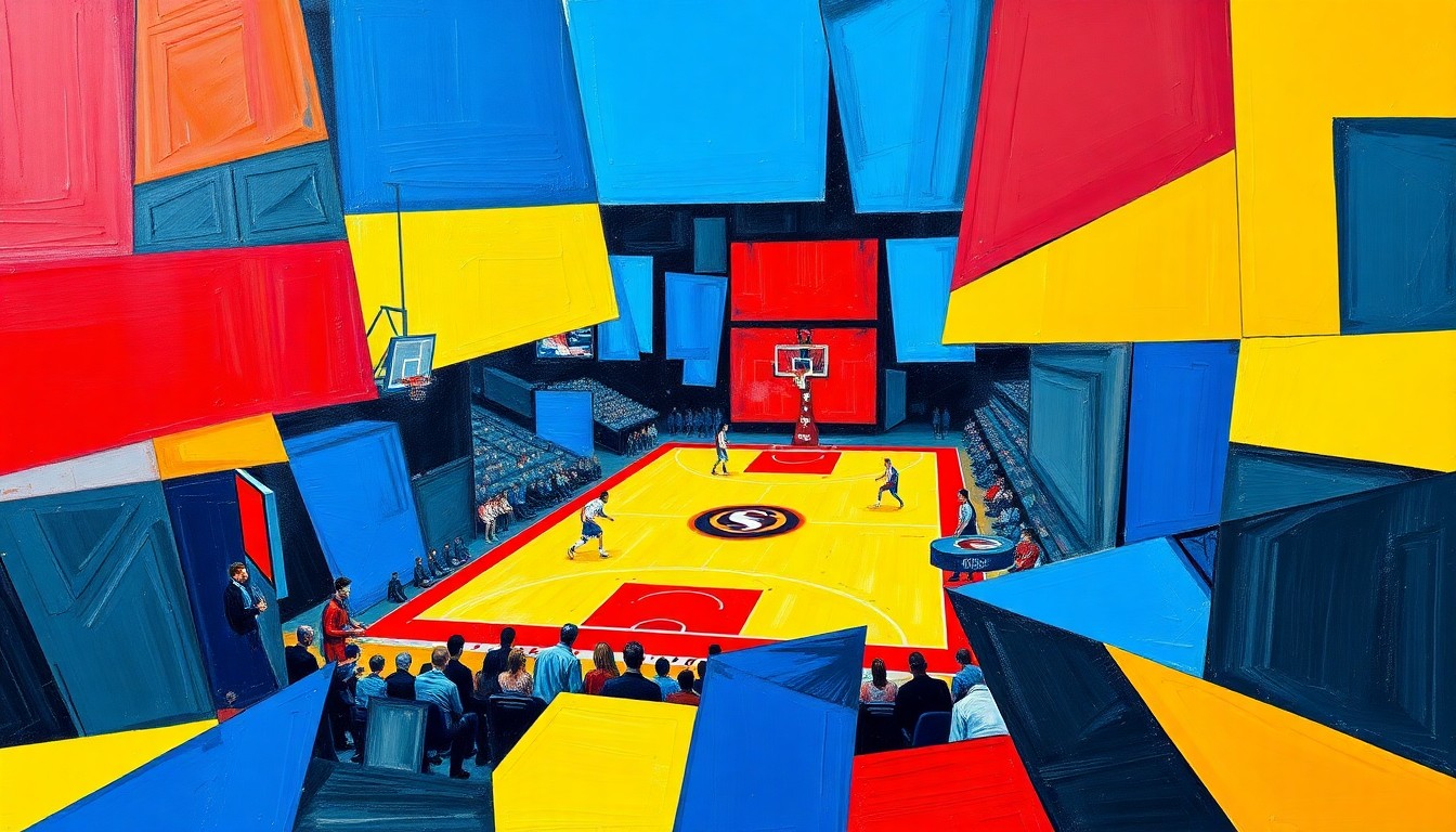 A dynamic, abstract painting featuring overlapping geometric shapes and planes in bold, contrasting colors, conceptually representing the competitive tension and strategic maneuvering of the NBA draft lottery process.