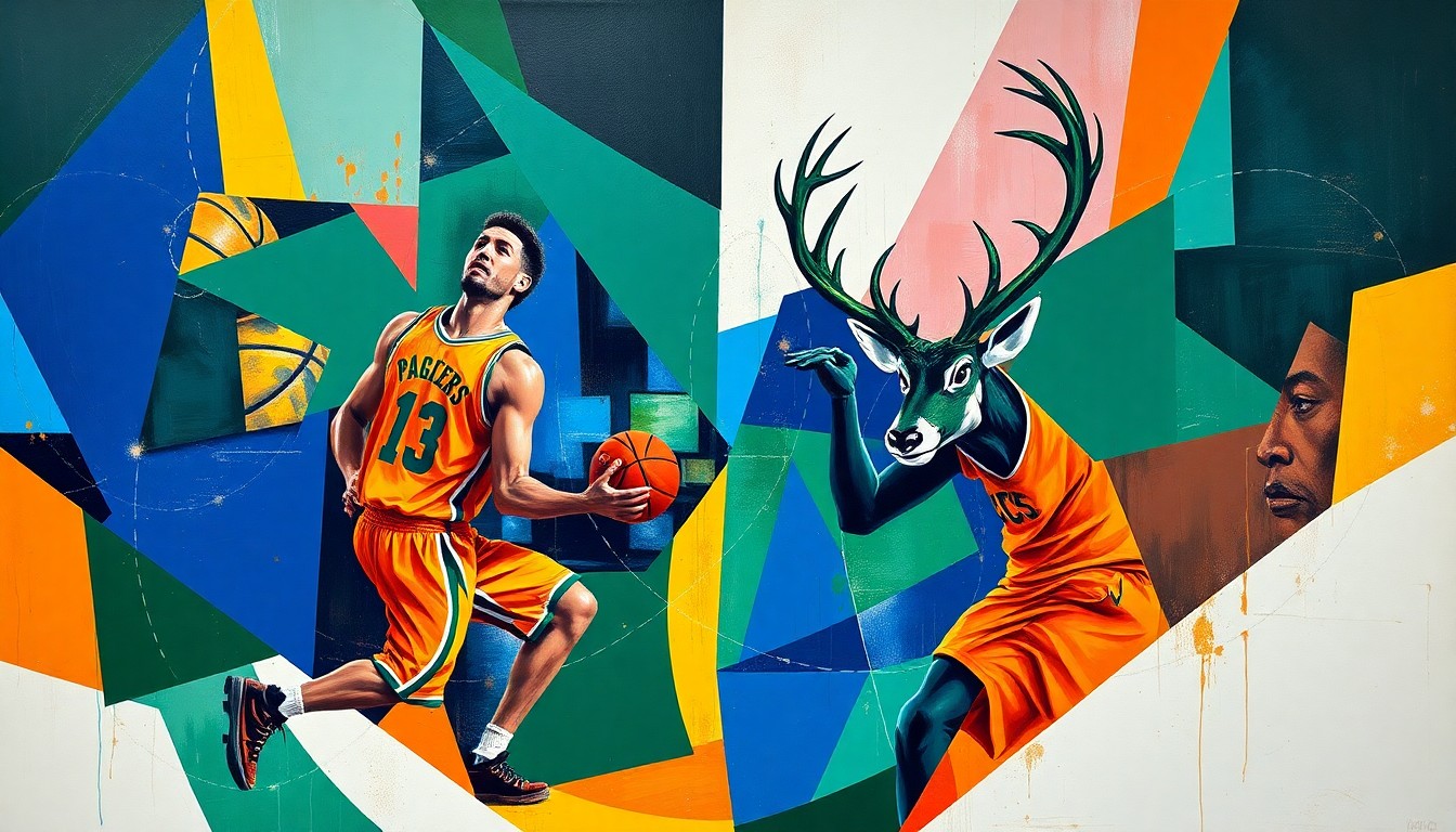 A fractured, multi-perspective painting in vibrant colors depicting the abstract forms of basketball players in motion, representing the conceptual energy and drama of a potential blockbuster trade between the Indiana Pacers and Milwaukee Bucks.