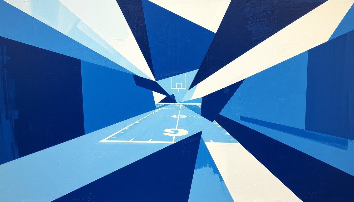A fractured, multi-perspective painting in Picasso's cubist style, depicting a college football game or match broken down into sharp, overlapping geometric planes in navy blue, light blue, and white, conveying the chaos and challenges of Bill Belichick's first season as North Carolina's head coach.