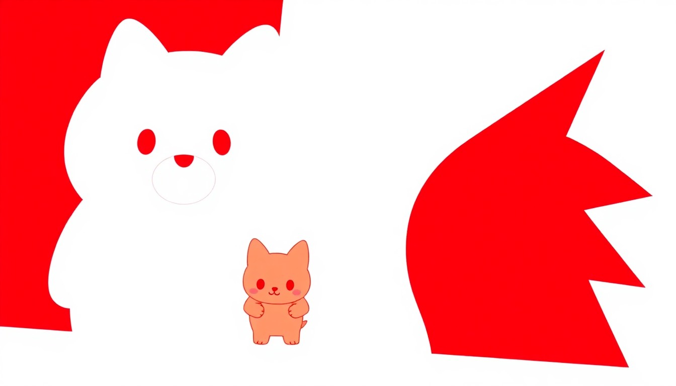 A vibrant, abstract illustration featuring bold, geometric shapes in red and white, conceptually representing the excitement and community of the Sanrio character ranking contest.