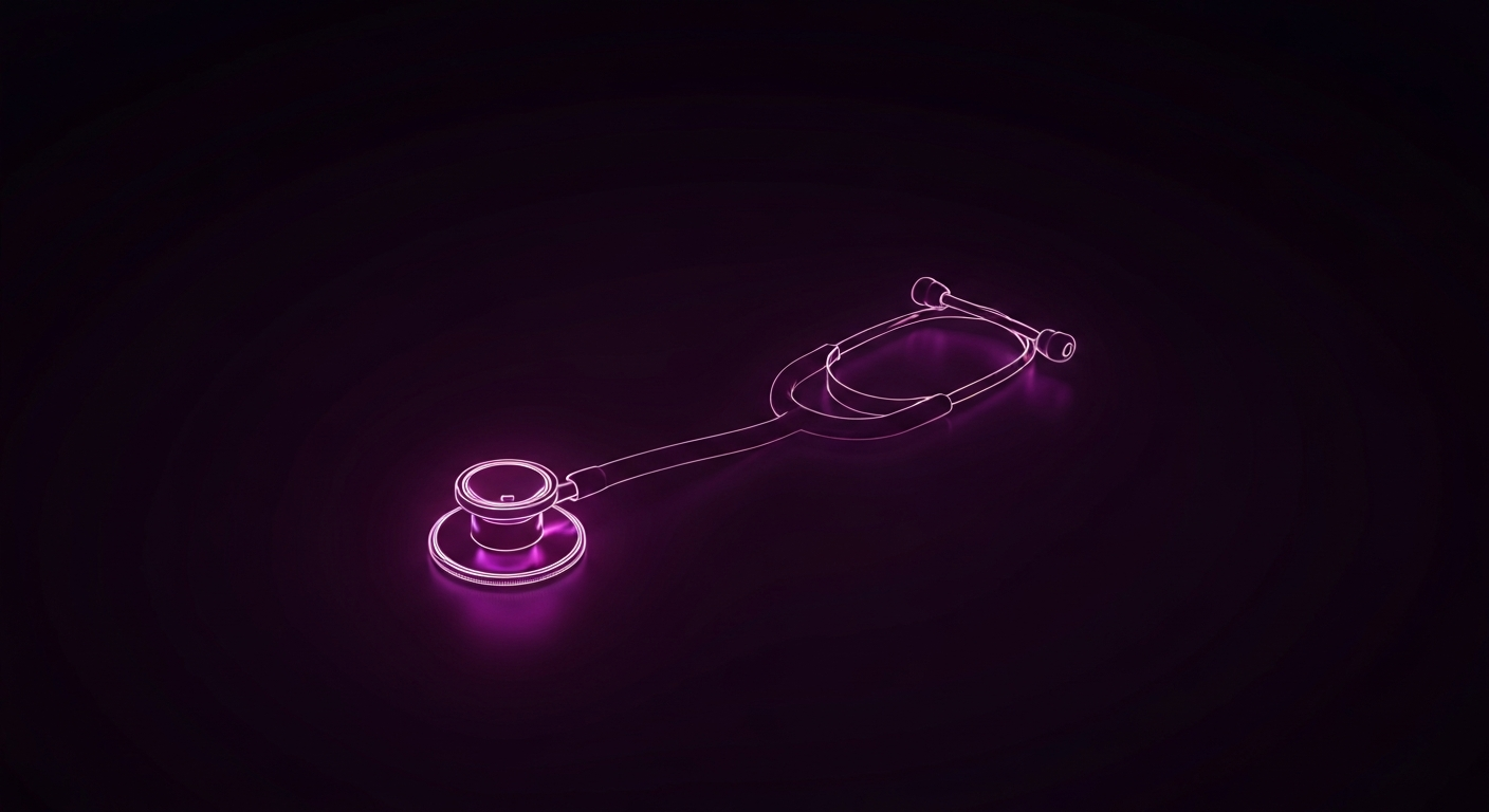 A minimalist design in the style of Keith Haring where a doctor's stethoscope is defined entirely by vibrant neon lines against a dark background, emphasizing the shape and energy of the medical instrument.