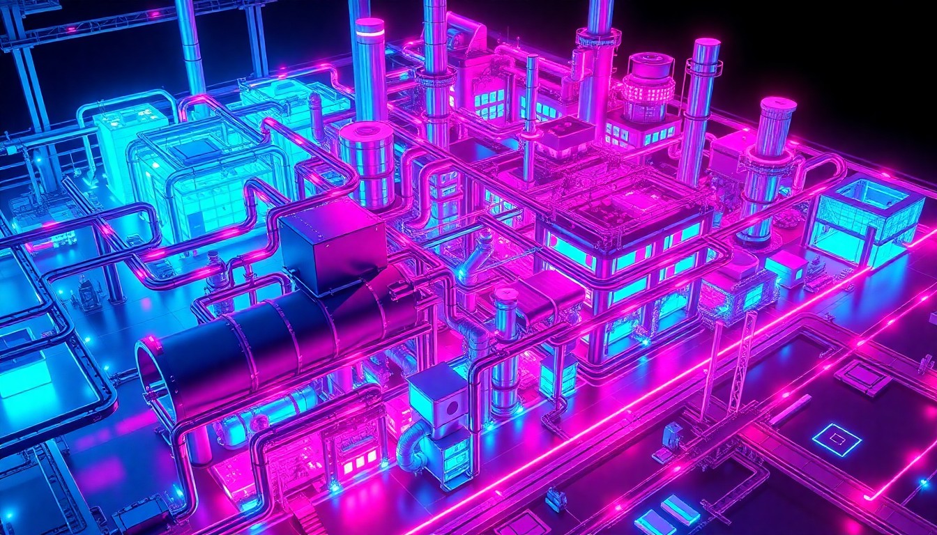 A highly detailed 3D illustration of a glowing, neon-lit digital twin model of a complex industrial facility, with various interconnected systems and components illuminated by vibrant cyan and magenta lights, conceptually representing the integration of real-world data with digital simulations.