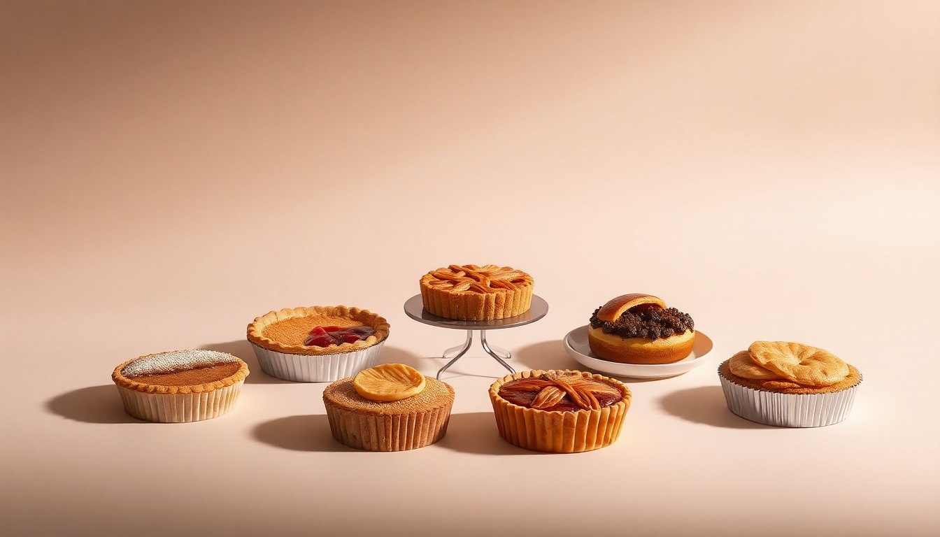 A high-end, photorealistic studio still-life photograph featuring a selection of neatly arranged, premium-looking pies in various shapes and sizes, conceptually representing the craftsmanship and variety of Pie Bar's offerings.