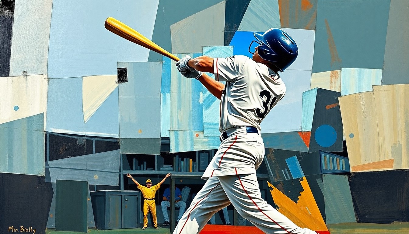 A cubist-style painting depicting a baseball player swinging a bat, broken down into sharp, overlapping geometric shapes and planes in a vibrant color palette, conveying the dynamic motion and energy of the sport.