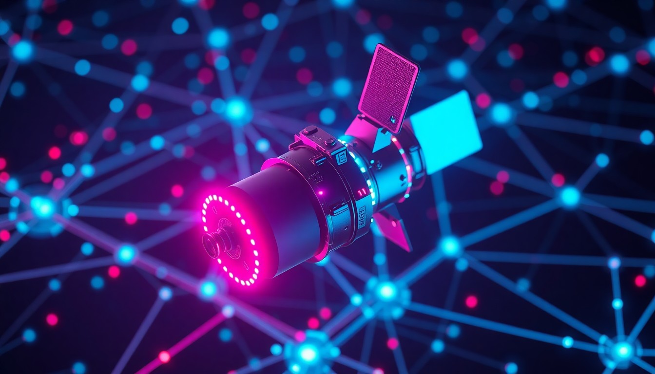 A highly detailed, glowing 3D macro illustration of a satellite in orbit, surrounded by a network of interconnected digital infrastructure and data streams, symbolizing the fusion of physical space technology and the digital information it provides.