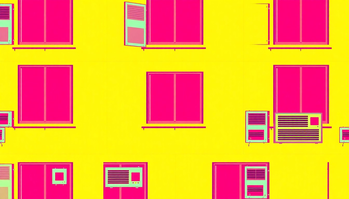 A bold, colorful silkscreen-style illustration featuring a repeating pattern of a window air conditioning unit in bright neon shades, conceptually representing a community program offering free cooling assistance.