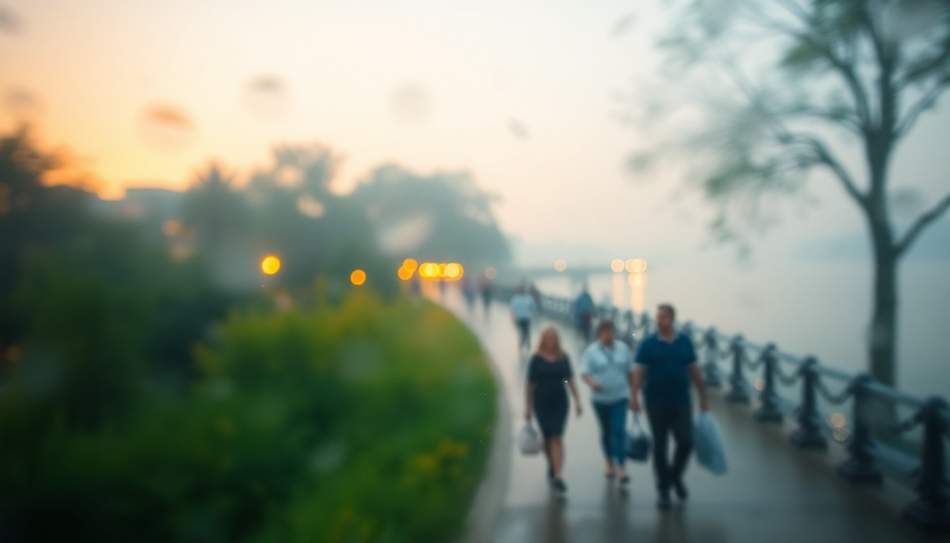 An abstract, impressionistic photograph of people walking along a riverfront path, with the scene rendered in soft, hazy pools of warm light and color, creating a dreamlike, atmospheric mood.