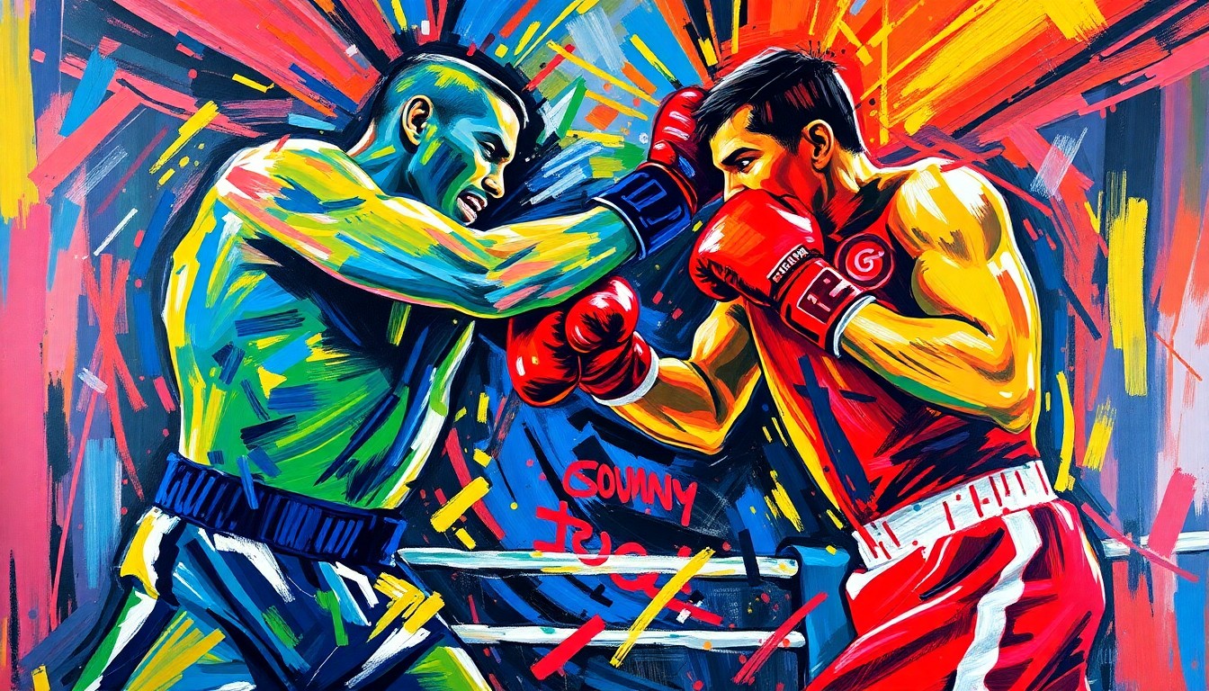 An abstract, energetic painting in a vibrant expressionist style, with neon-colored brushstrokes capturing the intense physicality and dynamic action of a boxing match.