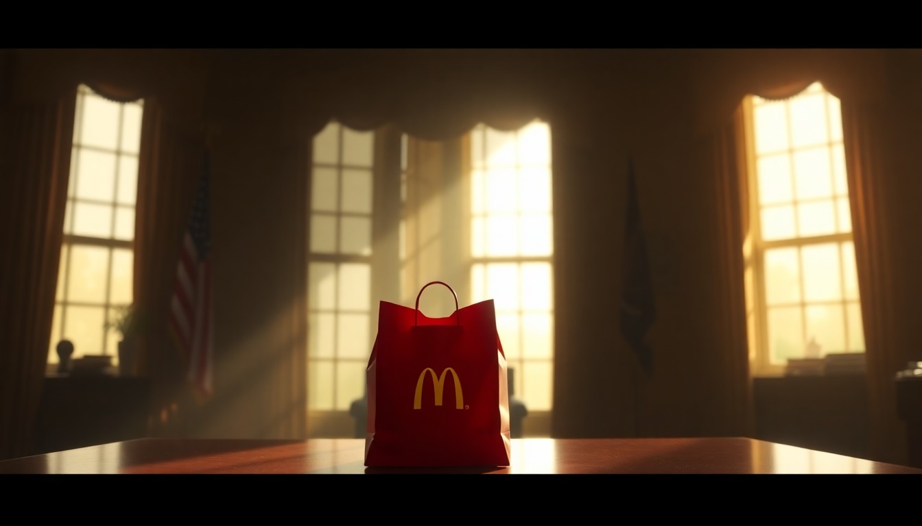 A quiet, cinematic painting of a solitary McDonald's delivery bag bathed in warm, diagonal sunlight and deep shadows, set against the backdrop of the Oval Office. The painting captures the political theater and nostalgia surrounding Trump's promotion of the 'no tax on tips' policy.