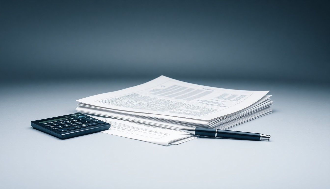 A high-end, photorealistic studio still-life photograph featuring a stack of financial reports, a calculator, and a pen arranged elegantly on a clean, monochromatic background, conceptually representing the abstract corporate strategy and finance at the center of the Gartner securities fraud case.