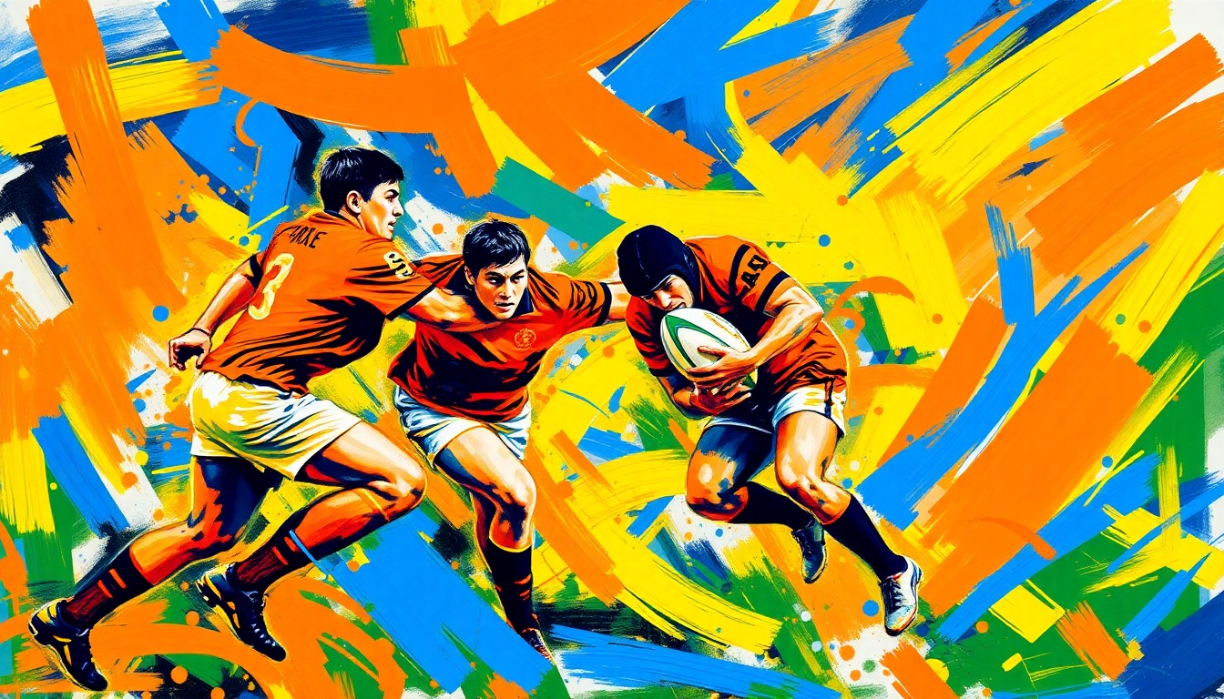 An abstract, energetic painting with thick, expressive brushstrokes in vibrant neon colors, capturing the raw physicality and dynamic motion of a rugby match.