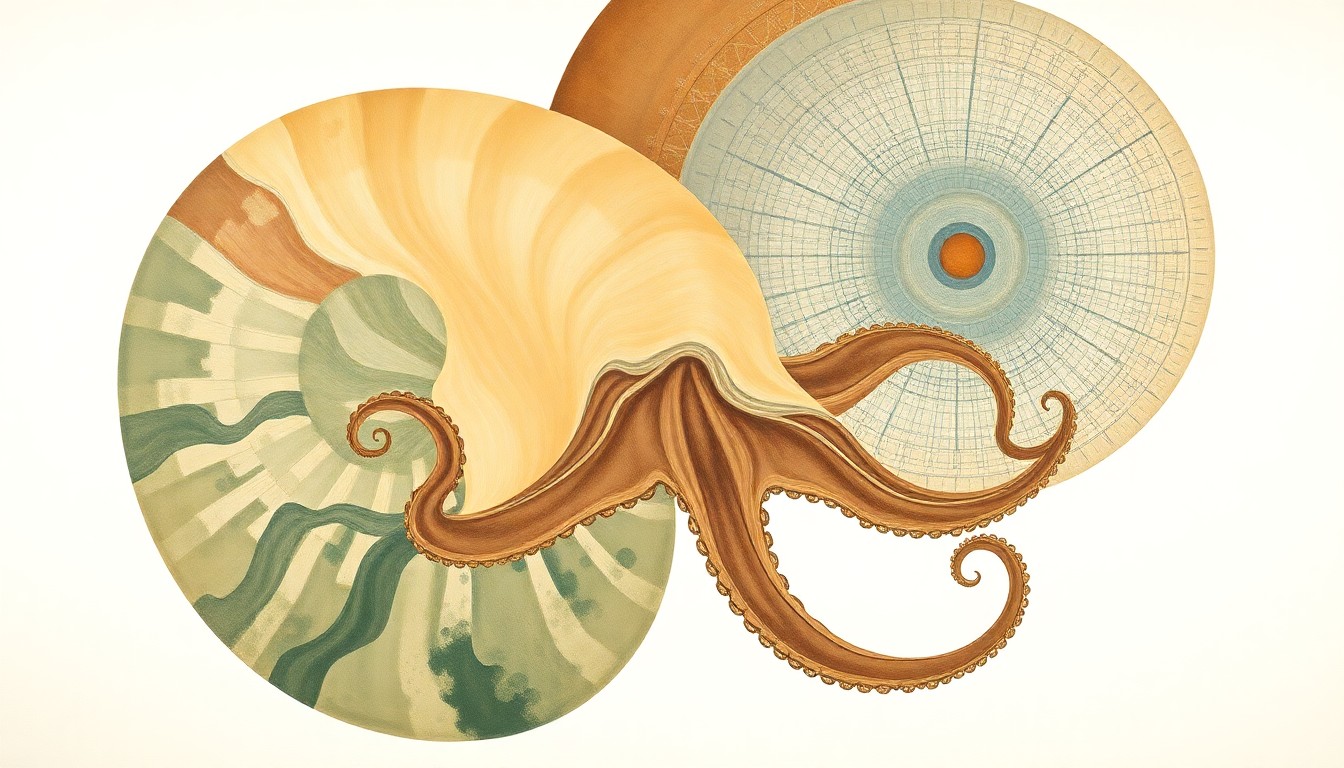 A highly structured abstract painting in soft, earthy tones of brown, green, and blue, featuring sweeping geometric arcs, concentric circles, and precise botanical spirals, conveying the interconnected evolutionary history of cephalopods.