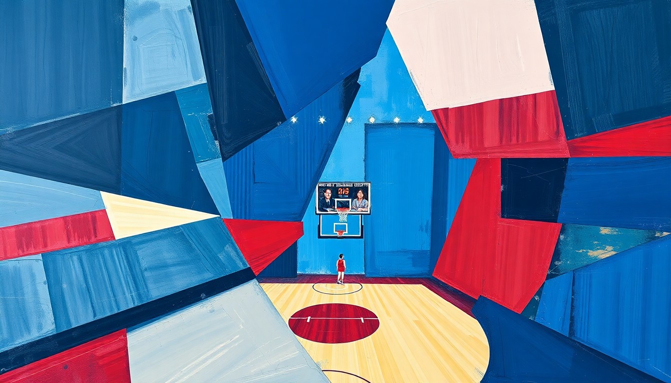 A fragmented, abstract painting depicting a women's basketball game, with sharp geometric shapes in navy, sky blue, and crimson red overlapping to create a dynamic, multi-angled visual representation of the sport.