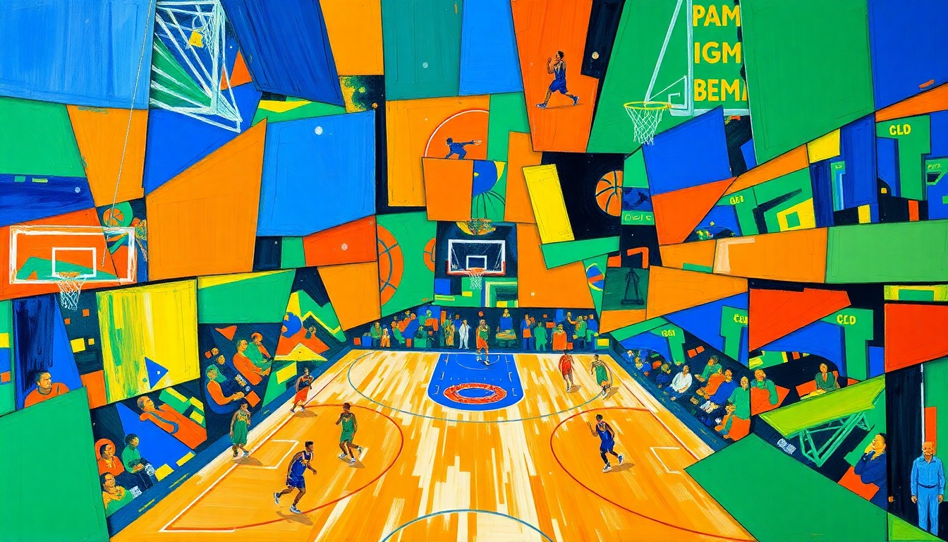 A fragmented, geometric painting in bold, clashing colors that depicts the action and energy of a basketball game, with players and the court broken down into sharp, overlapping shapes and planes.