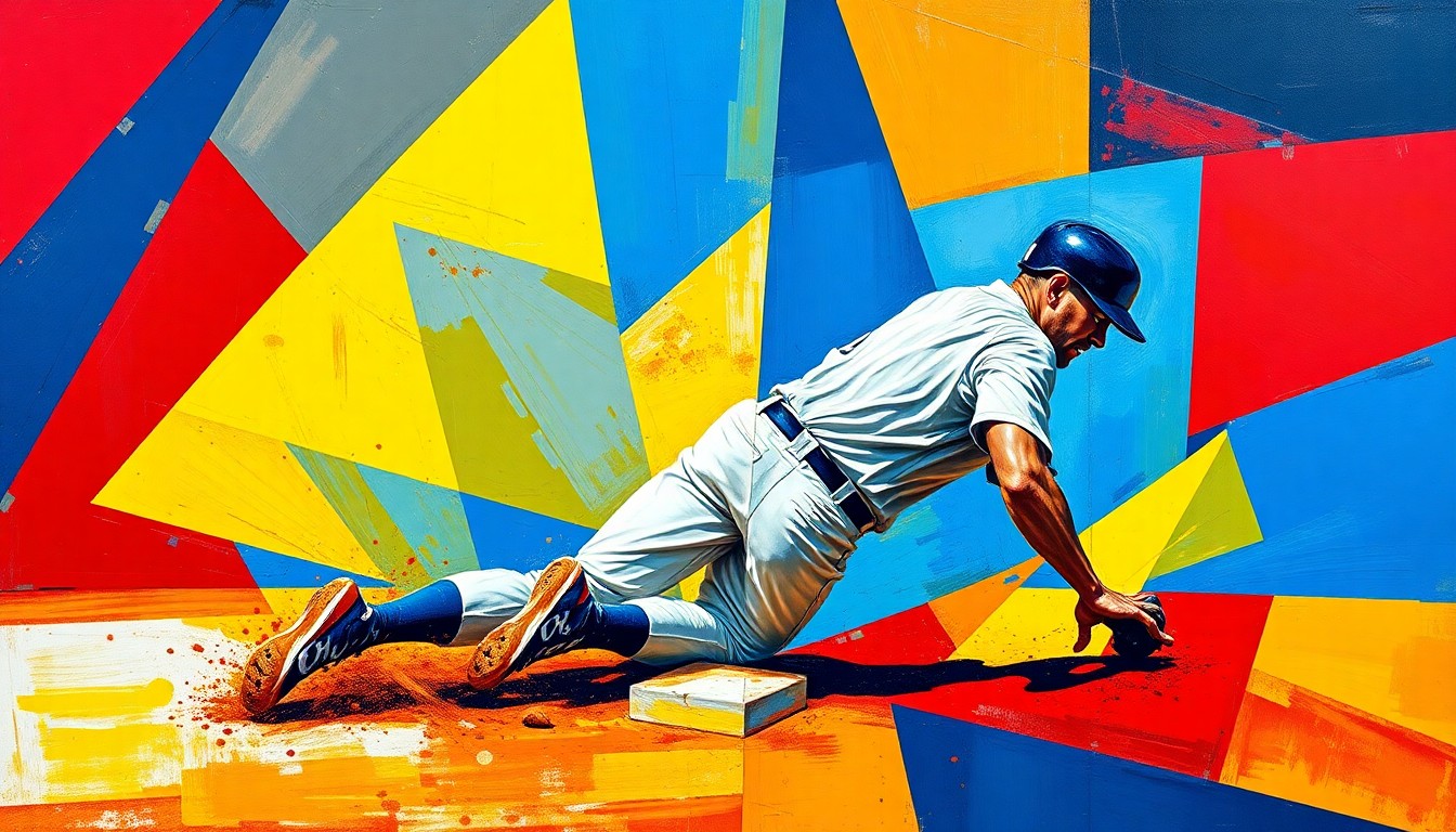 A fractured, cubist-style painting depicting the motion of a baseball player sliding or rounding the bases, with sharp geometric planes in vibrant colors like blue, red, and yellow, conveying the energy and movement of the sport.