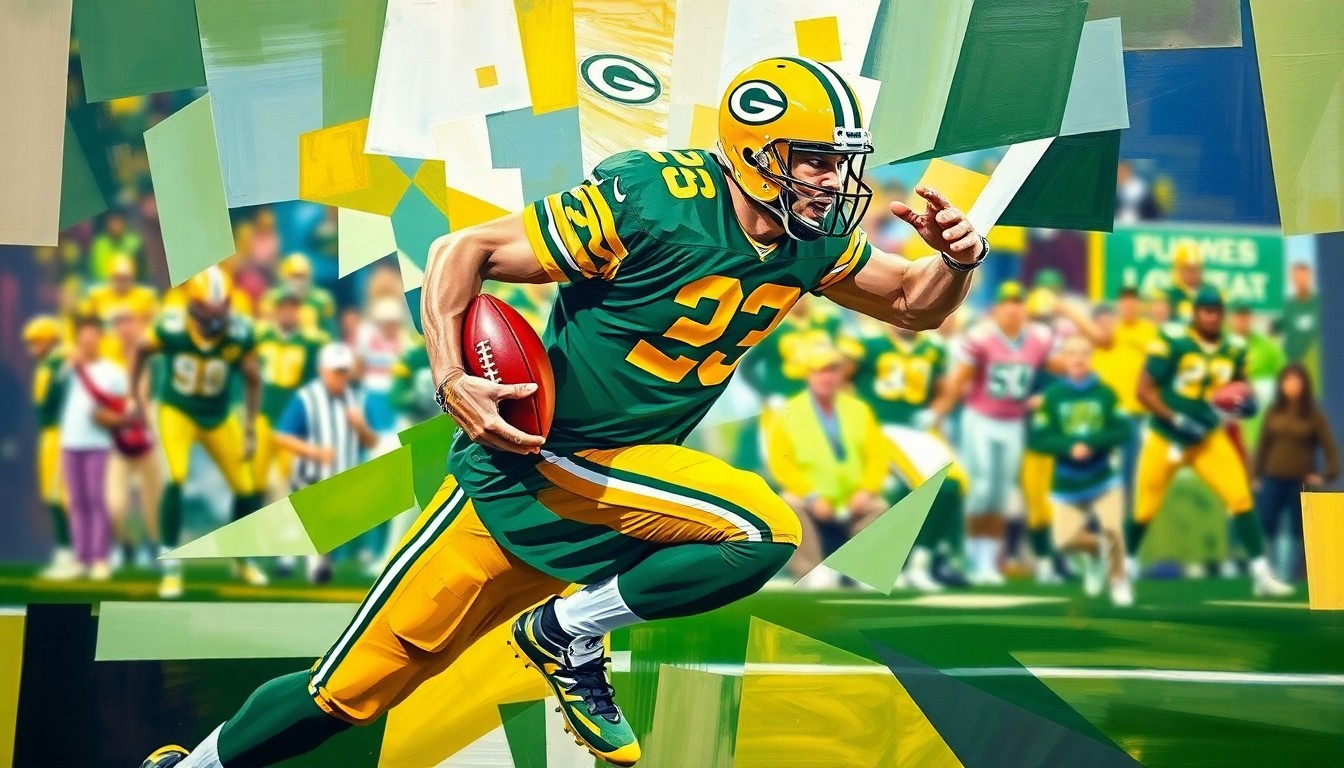 A fractured, geometric painting in vibrant green and gold hues, breaking down the motion of a football player rushing the passer into sharp, overlapping planes, conceptually representing the Packers' evaluation of a potential draft prospect.