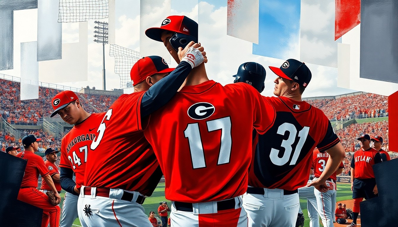 A cubist, geometric painting depicting a Georgia baseball game in abstracted, overlapping shapes and planes of red and black colors, conveying the fractured nature of the team's recent struggles.
