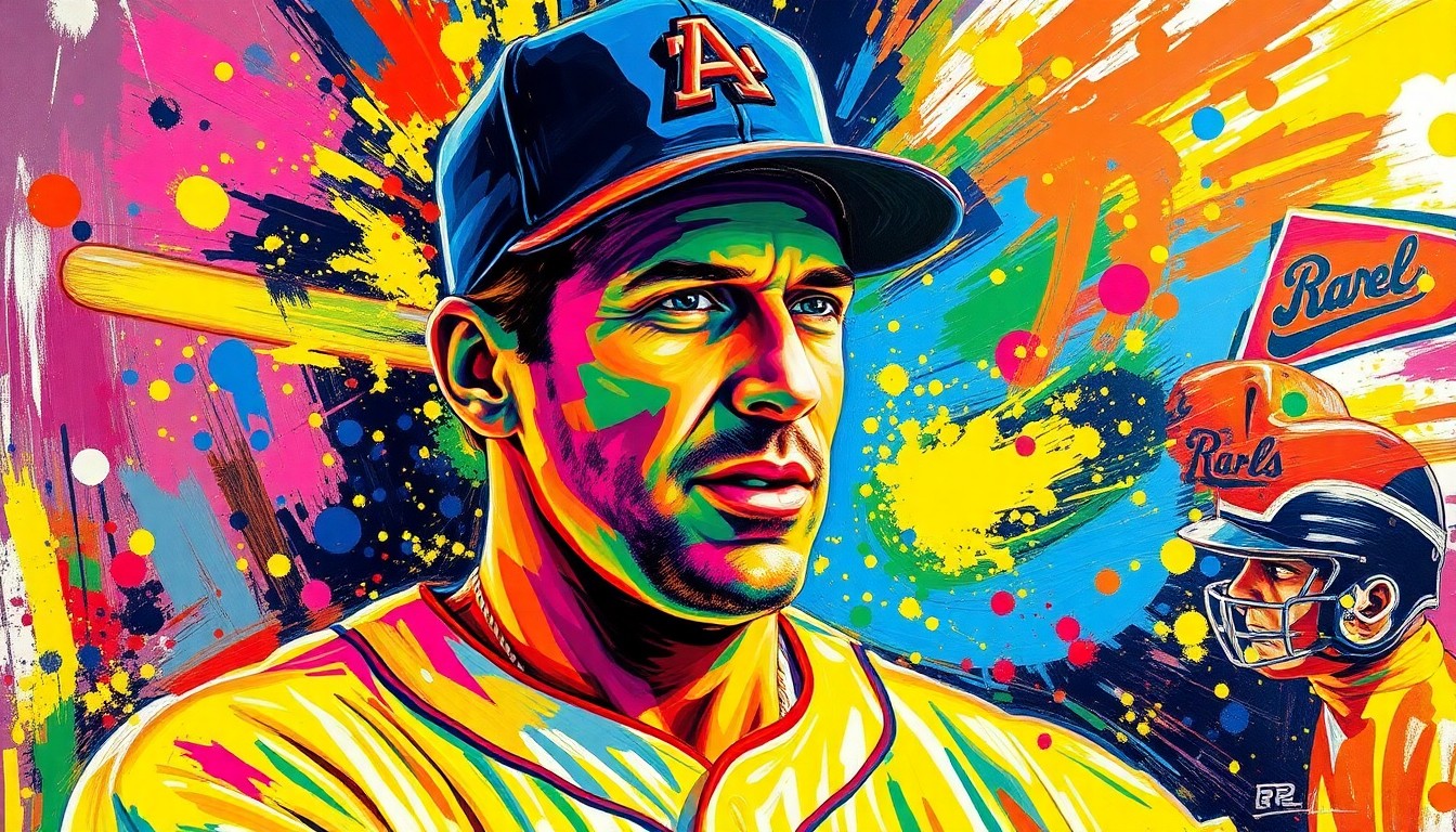 An abstract, expressionist painting in neon colors depicting the dynamic energy and passion of a baseball player, with the figure's face and uniform dissolving into bold, energetic brushstrokes.