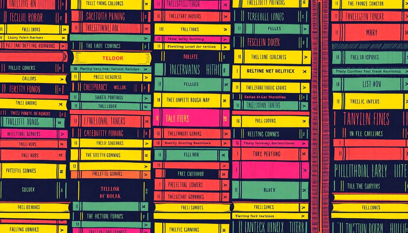 A bold, colorful silkscreen print featuring a repeating grid of stylized book spines in various genres, capturing the vibrant and eclectic nature of San Antonio's independent bookstore landscape.