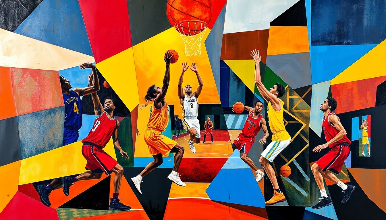 A cubist, geometric painting depicting the fragmented forms of basketball players in motion, with sharp planes of color representing the team's uniforms and the court. The image conveys the chaotic energy and tension of a high-stakes game.