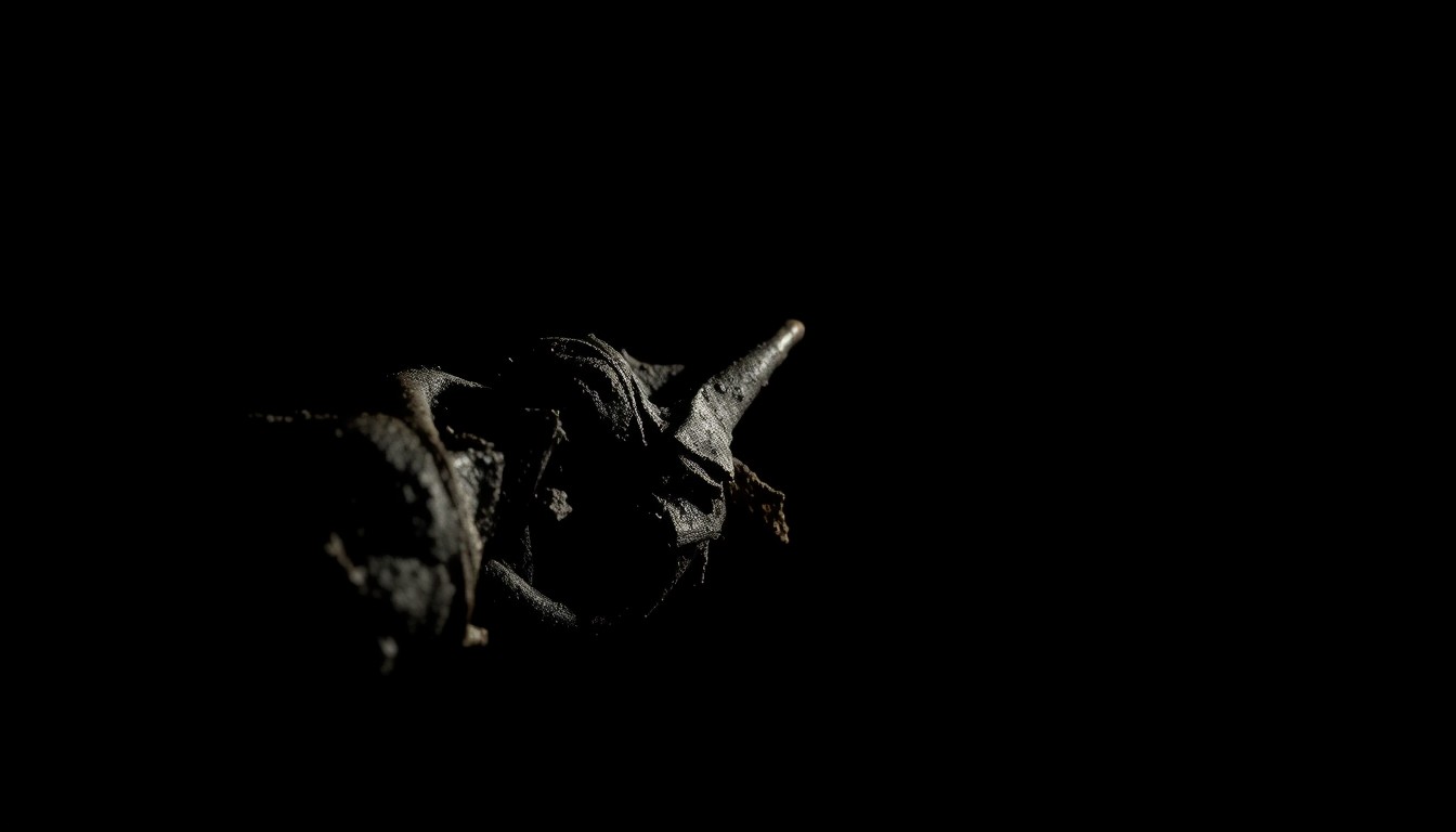 An extreme close-up of a charred, twisted metal object from the fire-damaged warehouse, capturing the stark, gritty aftermath of the arson attack.