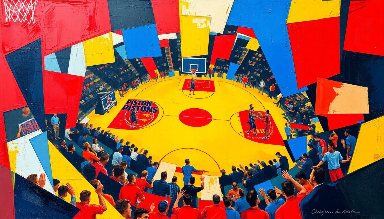 A fractured, multi-perspective painting in bold, geometric shapes and colors, capturing the energy and movement of a basketball game without any recognizable figures or logos.