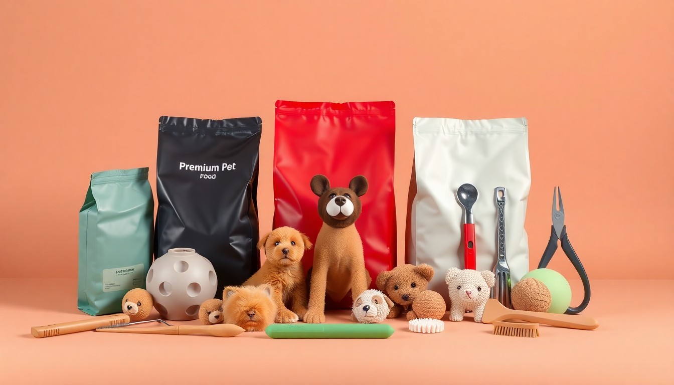 A high-end, photorealistic studio still-life photograph featuring a collection of premium pet food bags, toys, and grooming tools arranged elegantly on a clean, monochromatic seamless background, conceptually representing the growth of the pet retail industry.