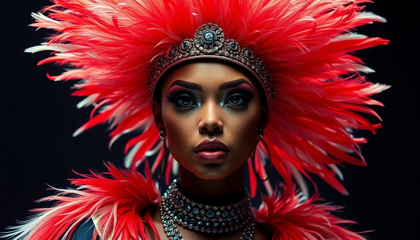 An extreme close-up of Karol G's feathered headdress and flag-inspired outfit, captured in dramatic, high-contrast studio lighting to create a glitzy, high-fashion aesthetic.