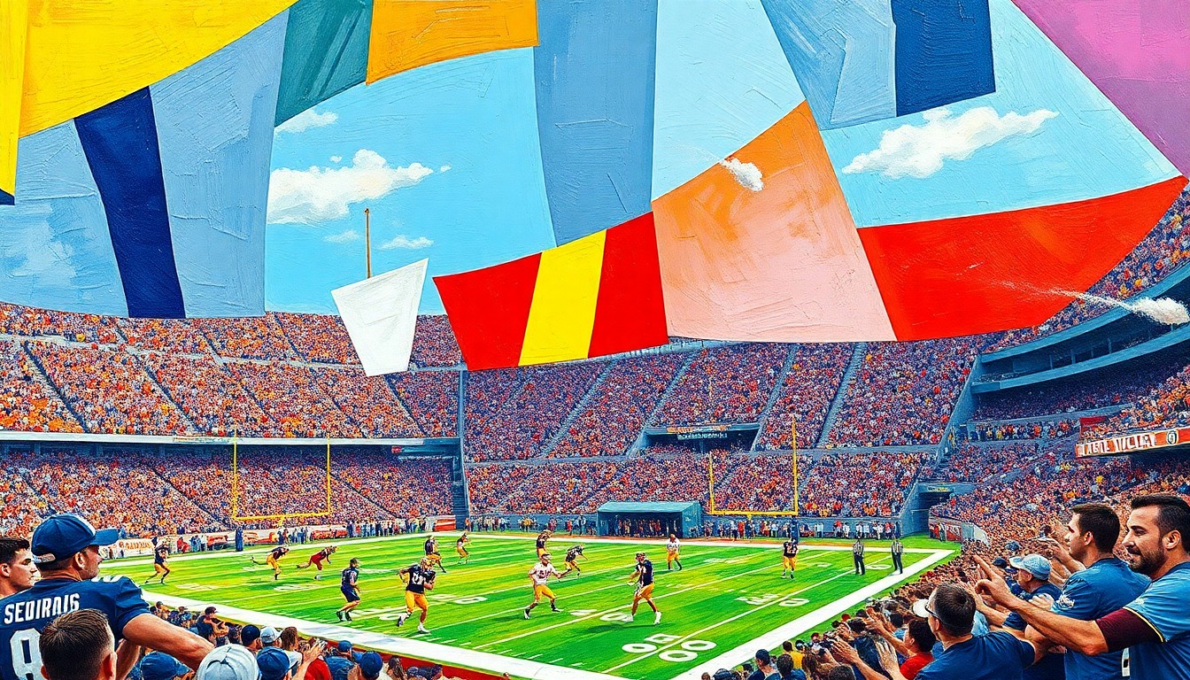 A cubist, geometric painting depicting the energy and movement of a college football game, with players and spectators represented through bold, angular shapes and vibrant colors.