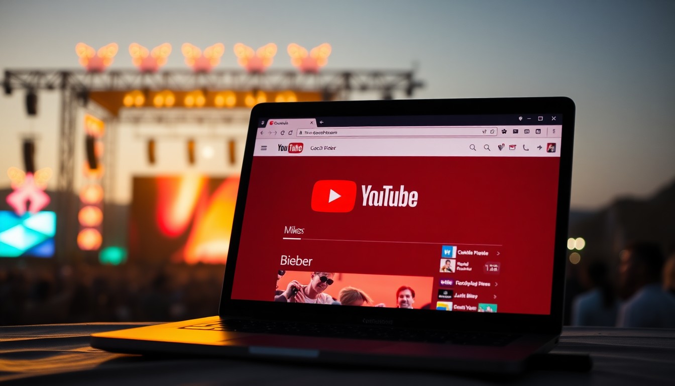 A dramatic, high-contrast close-up photograph of a laptop screen displaying the YouTube homepage, with the Coachella stage in the background, representing the nostalgia and digital elements of Justin Bieber's performance.