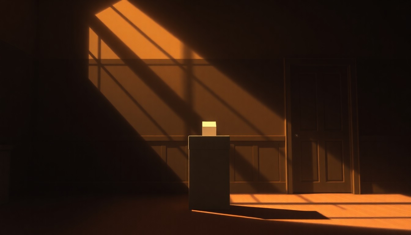 A serene, nostalgic painting of a lone ballot box sitting on a wooden table in a dimly lit room, with warm light streaming in through a window and deep shadows cast across the scene, conveying the quiet importance of a local election.