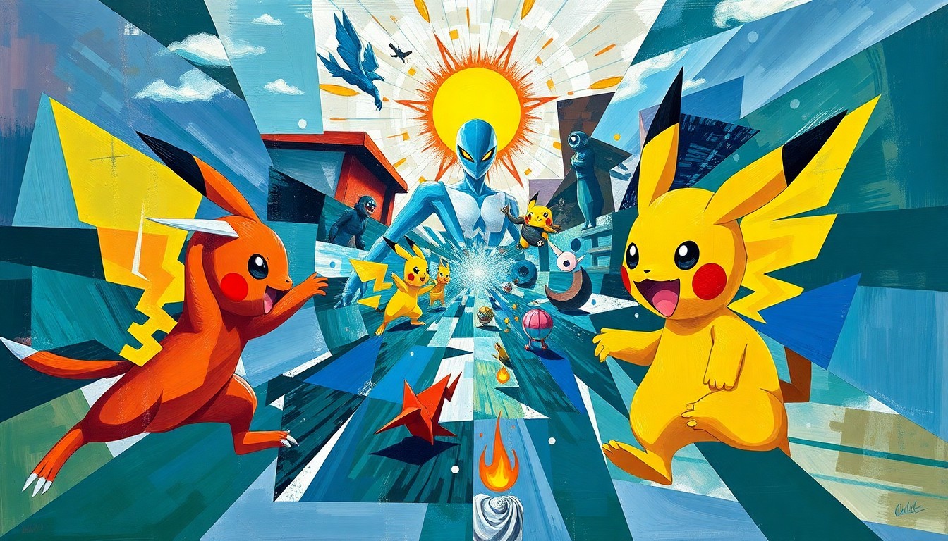 A cubist, geometric painting depicting a Pokémon Go battle scene, with the players and game elements fragmented into sharp, overlapping shapes and planes in a vibrant color palette, conceptually representing the complexities of enforcing sportsmanship rules in competitive gaming.