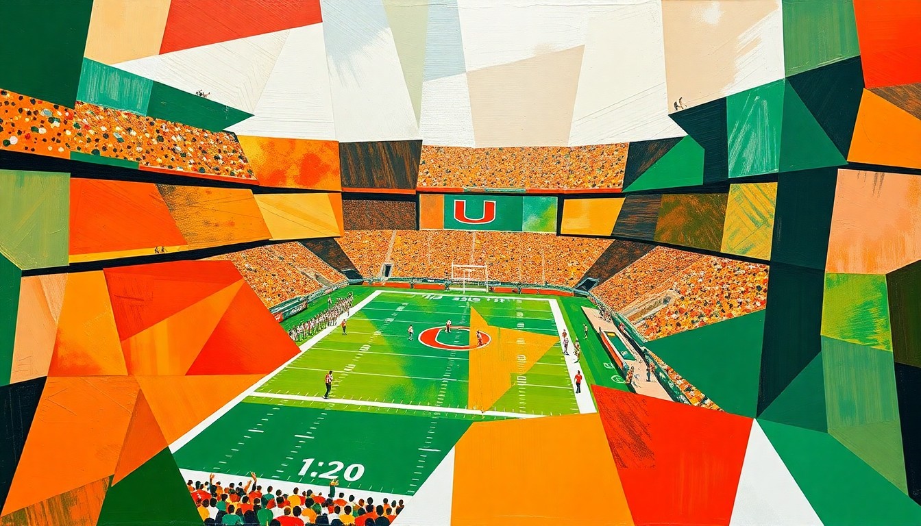 A cubist, geometric painting in Miami's team colors of orange, green, and white, depicting the fragmented, multi-angled action of a college football game.