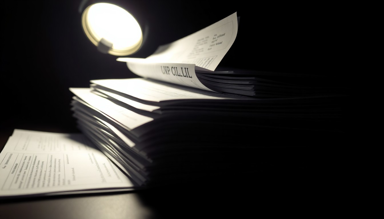 An extreme close-up photograph of a stack of medical bills and insurance claim forms, the harsh lighting and dark background creating a stark, gritty aesthetic that conceptually represents the investigative details of a large-scale fraud case.