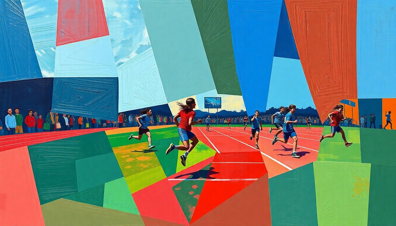 A cubist, geometric painting depicting a high school track and field competition, with overlapping shapes and planes in shades of blue, red, and green, conveying the complex and fractured nature of the debate around transgender athletes in women's sports.